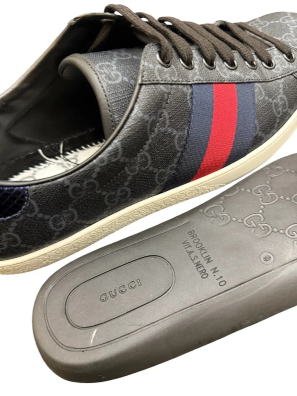 GUCCI - BLACK GREY COATED CANVAS LEATHER “ACE GG SUPREME” SNEAKERS